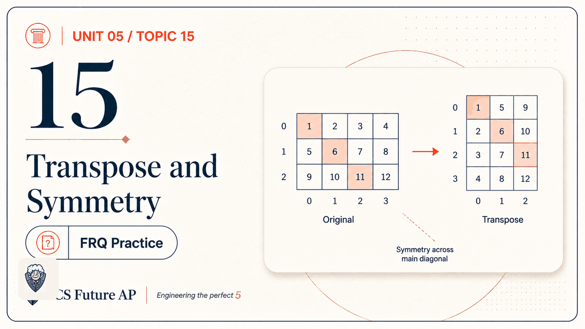 AP CSA Unit 05 Topic 15 Transpose and Symmetry FRQ Practice