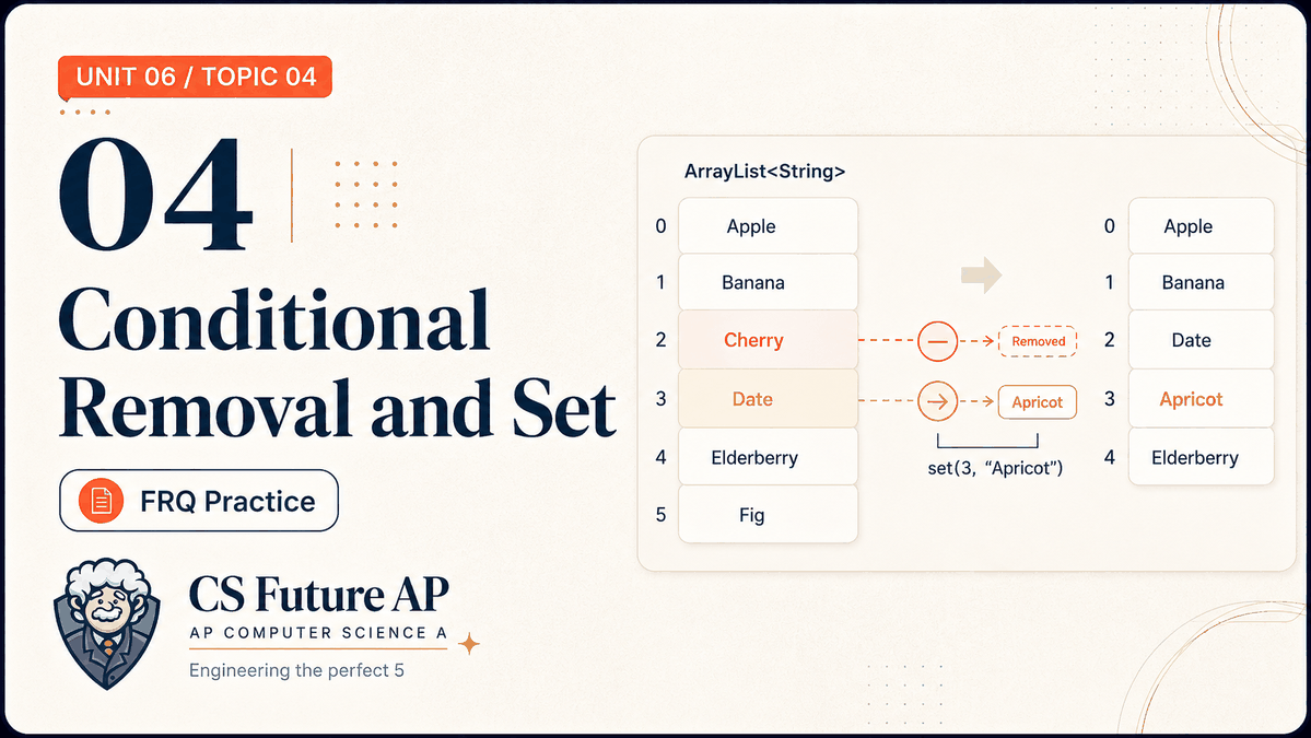 AP CSA Unit 06 Topic 04 Conditional Removal and set FRQ Practice
