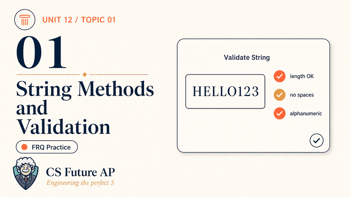 AP CSA Unit 12 Topic 01 String Methods and Validation FRQ Practice