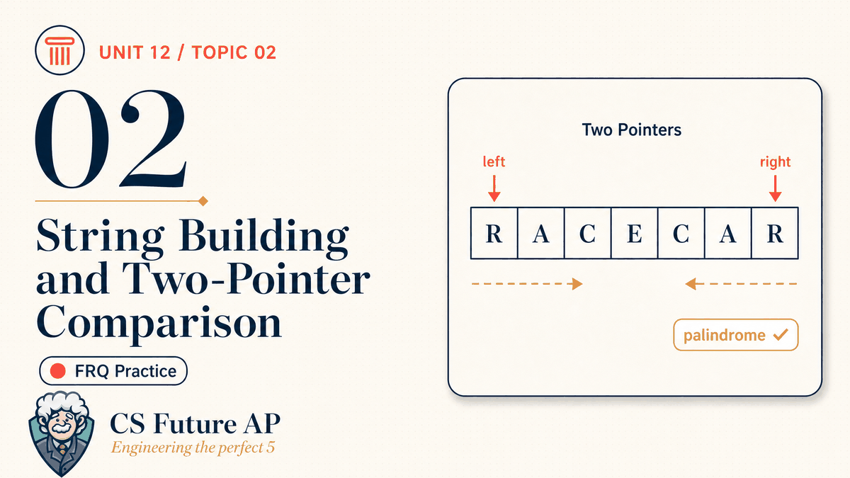 AP CSA Unit 12 Topic 02 String Building and Two-Pointer Comparison	 FRQ Practice